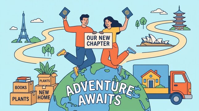 Couple moving abroad together with passports, boxes and a leap of faith into adventure