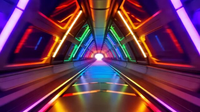Futuristic Rainbow Neon Light Tunnel SciFi Motion