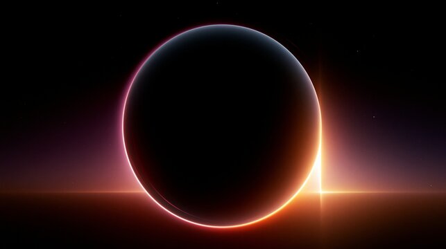 Eine stilisierte Darstellung einer totalen Sonnenfinsternis mit warmem Lichtring auf schwarzem Hintergrund.
