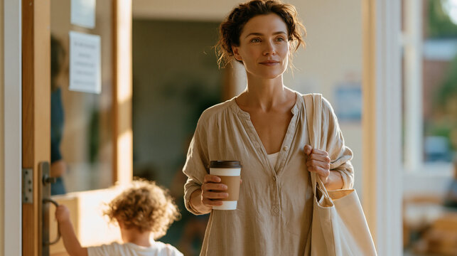 Mother rushes through daycare entrance at 7am gripping travel mug and tote bag, toddler clinging to her leg at drop-off doorway, working parent guilt, morning routine chaos,