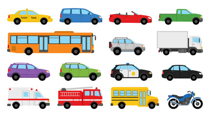 Transportation Vehicle Vector Collection Featuring Taxi, Bus, Truck, Police Car, Ambulance, Motorcycle, and Passenger Automobile Illustrations © UIC STUDIO