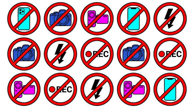 Prohibited Device and Recording Warning Vector Icon Set Featuring No Camera, No Mobile Phone, No Video Recording, and Restricted Electronics Symbols