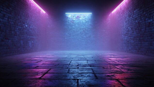 Empty brick room with vibrant neon lights and atmospheric haze