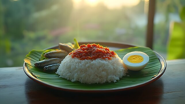 Traditional Nasi Lemak Served on Banana Leaf at Sunrise.