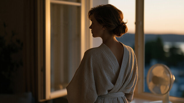 Solitary woman in bathrobe standing at open window during predawn summer heat wave, fan oscillating beside her, July heatwave sleeplessness, urban apartment interior, extreme heat