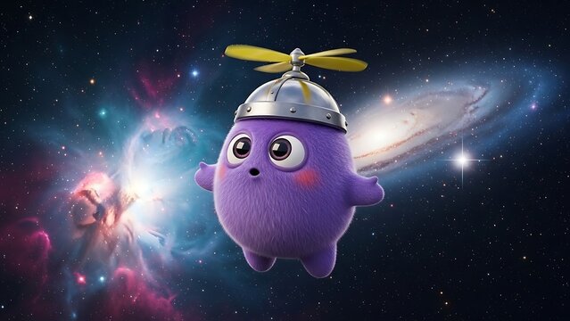 Cute purple alien character with propeller hat floating in outer space with nebula background.