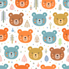 Obraz premium Seamless pattern of cute cartoon bears and pine trees on a white background, perfect for children's decor