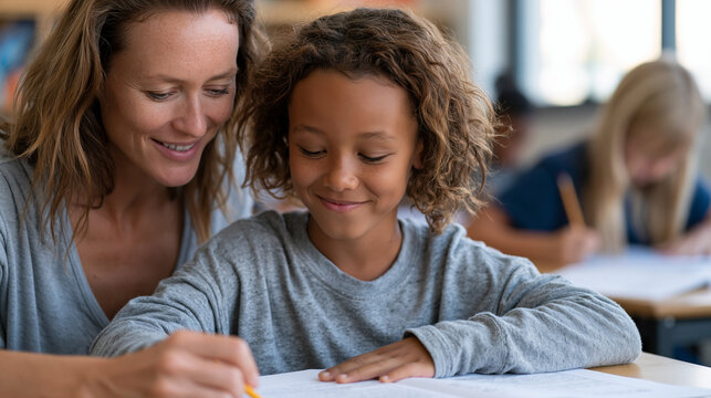 Elementary classroom shows dramatic skill gap as teacher works one-on-one with struggling reader while others work independently, pandemic learning loss, literacy catch-up