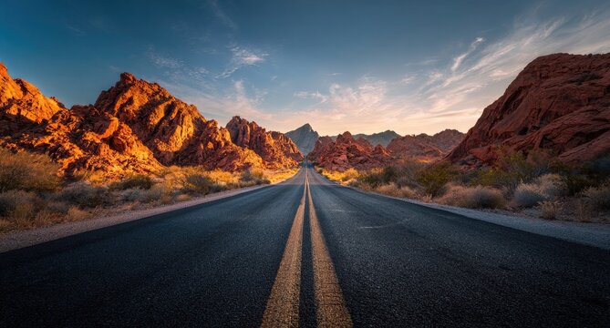 Open desert highway stretching towards fiery mountain peaks during golden hour