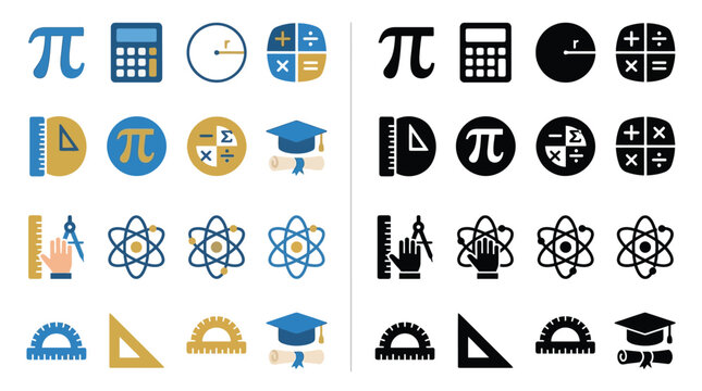 Collection of mathematical and scientific icons in two color schemes, representing education and learning.