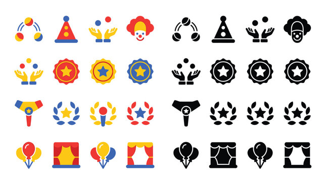 Collection of colorful and black icons representing circus and entertainment elements.
