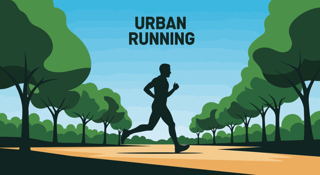 Urban Runner In A Park Silhouette On A Path With Green Trees And Blue Sky