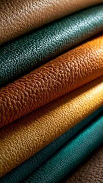 Mehrere &uuml;bereinandergelegte Lederrollen in verschiedenen Farben von Gr&uuml;n &uuml;ber Braun bis Beige zeigen ihre Textur.
