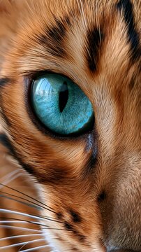 Extreme Nahaufnahme eines leuchtend blauen Auges einer Bengalkatze mit markanter Streifenzeichnung.
