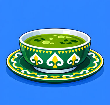 Illustration of Kok-Chai, traditional Uzbek green tea served in a decorated ceramic piala bowl.