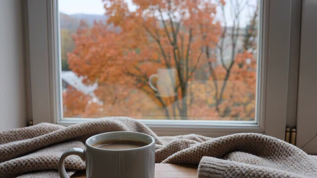 Cozy coffee mug by a window with autumn leaves view. Seamless looping 4k video background