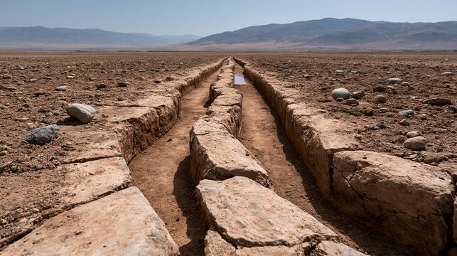 Ein langer, gerader Bew&auml;sserungskanal aus Stein zieht sich durch eine trockene, karge W&uuml;stenlandschaft.