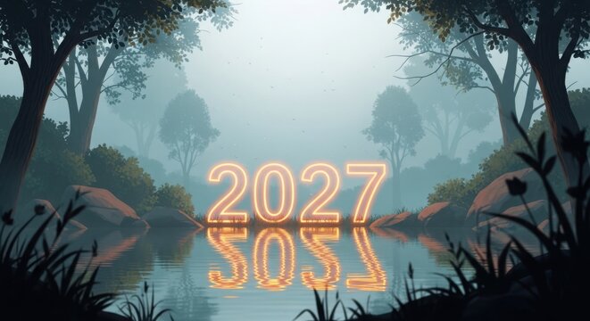 A foggy landscape with the years 2027 and 2053 written in orange neon illustration