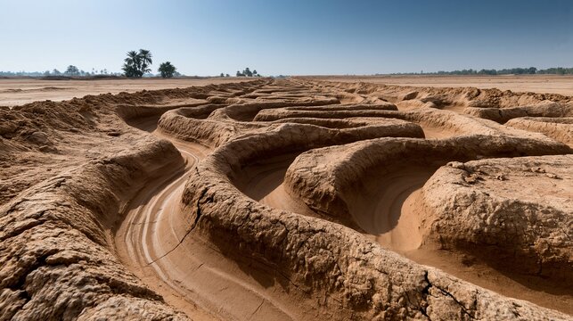 Ausgetrocknete, wellenf&ouml;rmige Sandformationen in einer W&uuml;stenlandschaft mit vereinzelten B&auml;umen am Horizont.