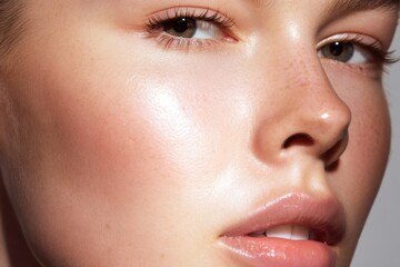 Fototapeta premium Close-up of glowing skin with freckles showing effective skincare routine