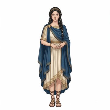 Ancient Greek princess Iphigenia in a traditional white chiton and blue cloak isolated on a white background