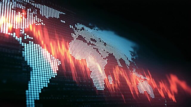 Global Network: A digital map of the world is overlaid with an abstract display of connected lines. capturing the intricacy of global networks and technological evolution.