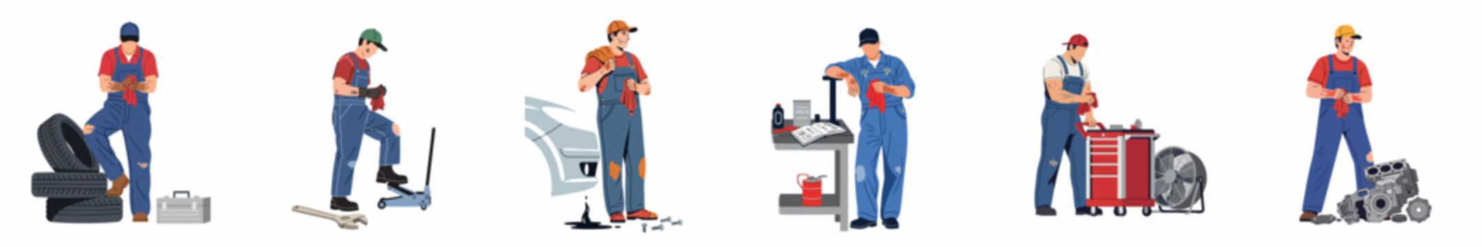 Flat vector illustrations set of professional auto mechanics performing various car maintenance and repair tasks in an automotive workshop or garage.