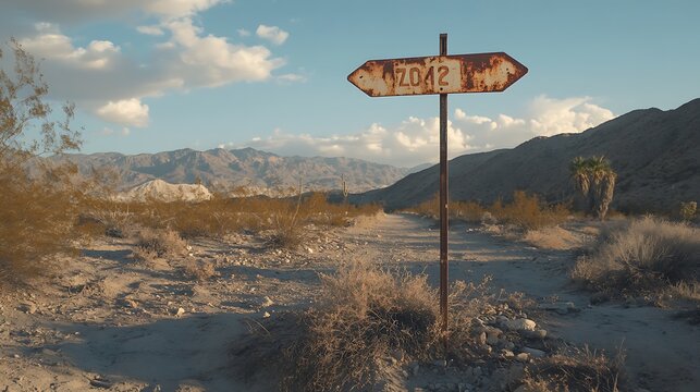 An old rusty metal sign with the number 2012 stands weathered and worn along a lonely desert dirt road under a bright blue sky in this dramatic outdoor landscape photograph.