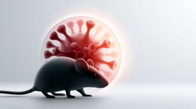 Silhouette einer Maus vor einem roten, leuchtenden Hantavirus-Modell auf hellem Hintergrund.
