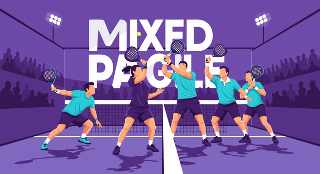 Vibrant Padle Tennis Match Depicted on Court with Players Hitting the Ball Competitively