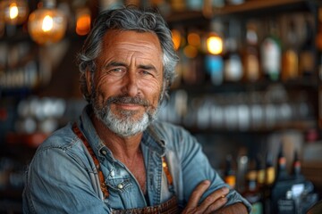 Obraz premium Charismatic senior male barista with a warm smile, wearing an apron, confidently posing in a cozy coffee shop with blurred background lights