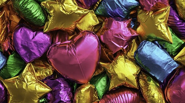 Colorful metallic foil balloons in heart and star shapes