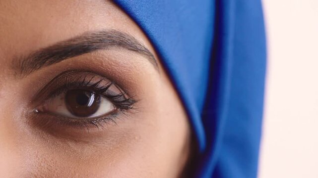 Face, eye and woman in studio, vision and glaucoma assessment for eyesight health. Portrait, person and optometry test with closeup, ophthalmology wellness and contact lenses on white background
