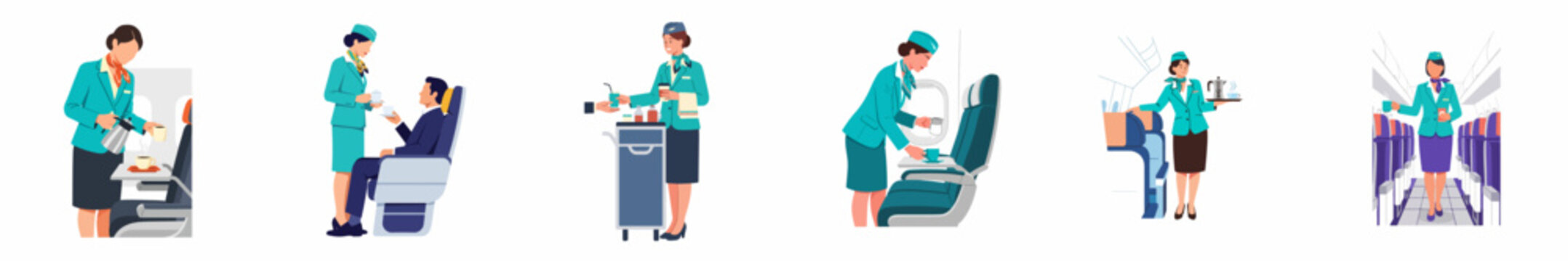 Collection of flight attendants in uniform serving drinks and refreshments to passengers on an airplane, flat vector illustration set.