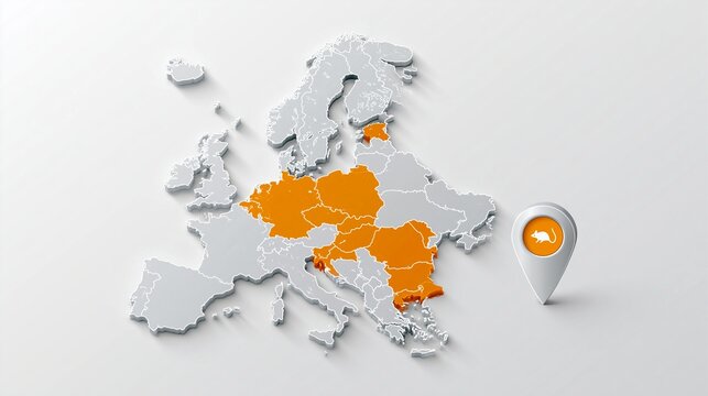 Europakarte mit orangefarbenen Markierungen und einem Standort-Pin mit Maus-Symbol als Hinweis auf Hantavirus-Verbreitung in Europa.