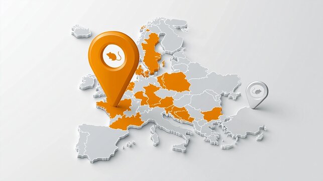 Europakarte mit orangefarbenen Markierungen und einem Standort-Pin mit Maus-Symbol als Hinweis auf Hantavirus-Verbreitung in Europa.