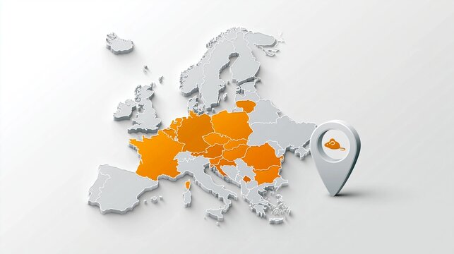 Europakarte mit orangefarbenen Markierungen und einem Standort-Pin mit Maus-Symbol als Hinweis auf Hantavirus-Verbreitung in Europa.