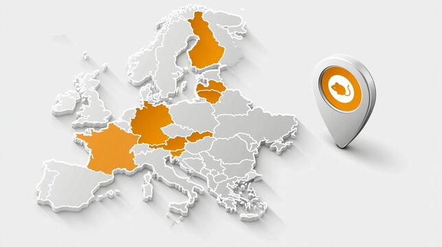 Europakarte mit orangefarbenen Markierungen und einem Standort-Pin mit Maus-Symbol als Hinweis auf Hantavirus-Verbreitung in Europa.