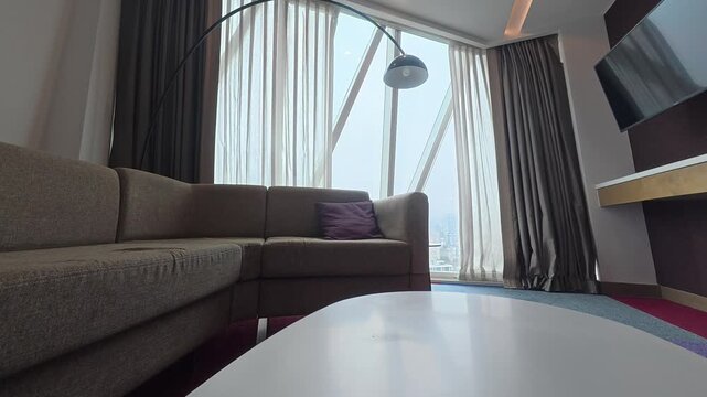 Automatic curtains , sunlight. Corner modern room.High quality 4k footage