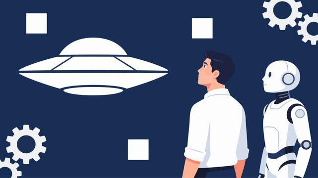A modern man and a friendly AI robot looking up at a UFO, exploring the mysteries of the universe and extraterrestrial life