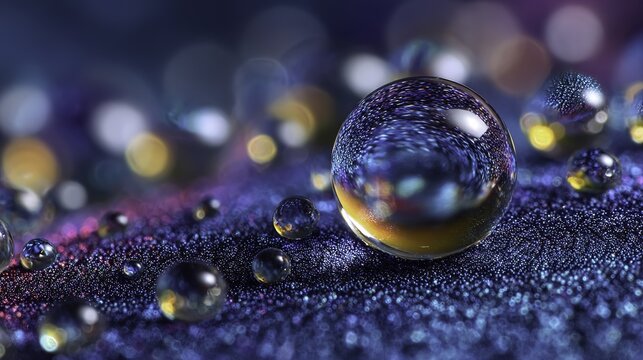 Close-up of water droplets on a textured surface with reflective highlights and bokeh background