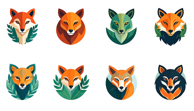 Collection of eight stylized fox head icons, pixel art style, set against abstract natural elements, digital illustration