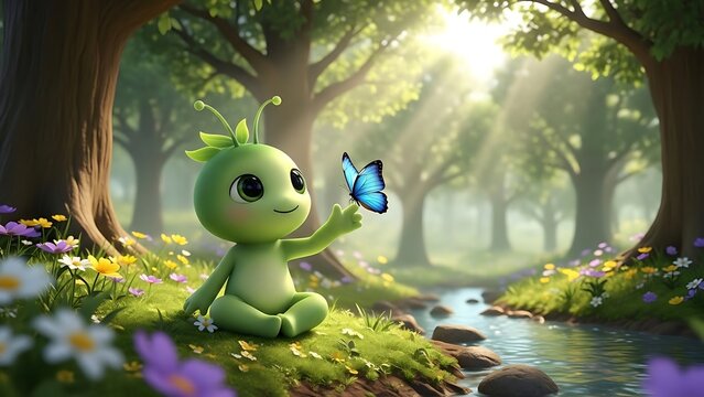 Cute green alien character sitting in a magical forest with a butterfly.