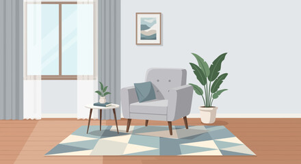 Fototapeta premium Cozy armchair and plants in a bright, modern living room with a large window