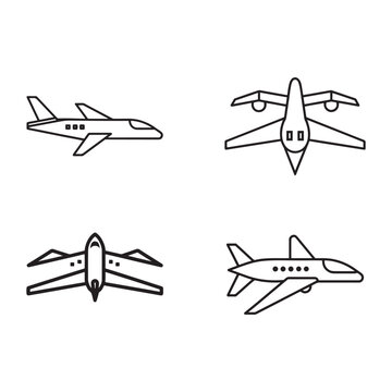 Four black line art airplane icons in different views  side and front perspectives with simple design
