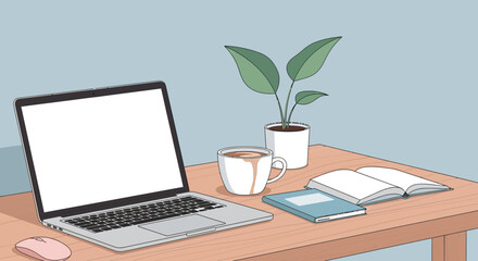 Fototapeta premium Cozy Home Office Desk with Laptop, Coffee, Plant, and Books