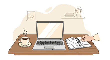 Obraz premium Cozy Home Office Desk with Laptop, Coffee, and Notebook - Remote Work Setup