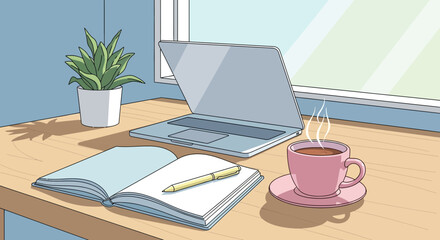 Obraz premium Cozy Home Office Desk with Laptop, Open Book, and Hot Coffee Cup