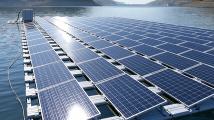 Obraz premium Floating solar photovoltaic power plant installed on a water reservoir surface.