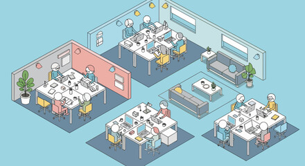 Fototapeta premium Cozy Isometric Office Space with People Working at Desks, Collaborative Workspace